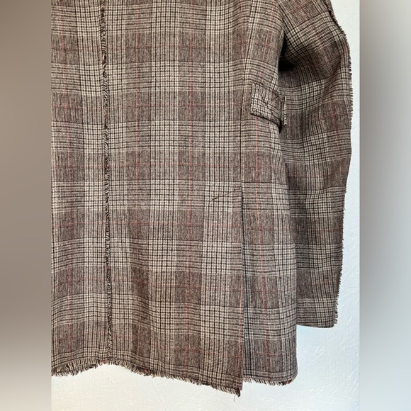 Vintage Oversized Brown Plaid Checkered Wool Blend Raw Hem Blazer Jacket - Picture 12 of 14